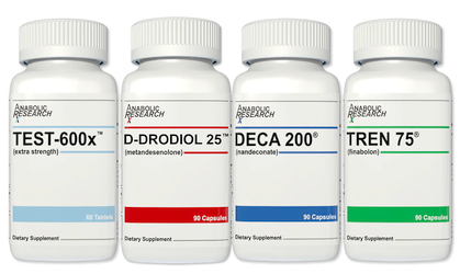 Anabolic Research Mass Stack bottles lined up against white background