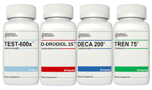 Anabolic Research Mass Stack bottles lined up against a white background.