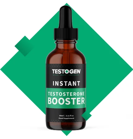 Testogen Booster Drops bottle on white and green background