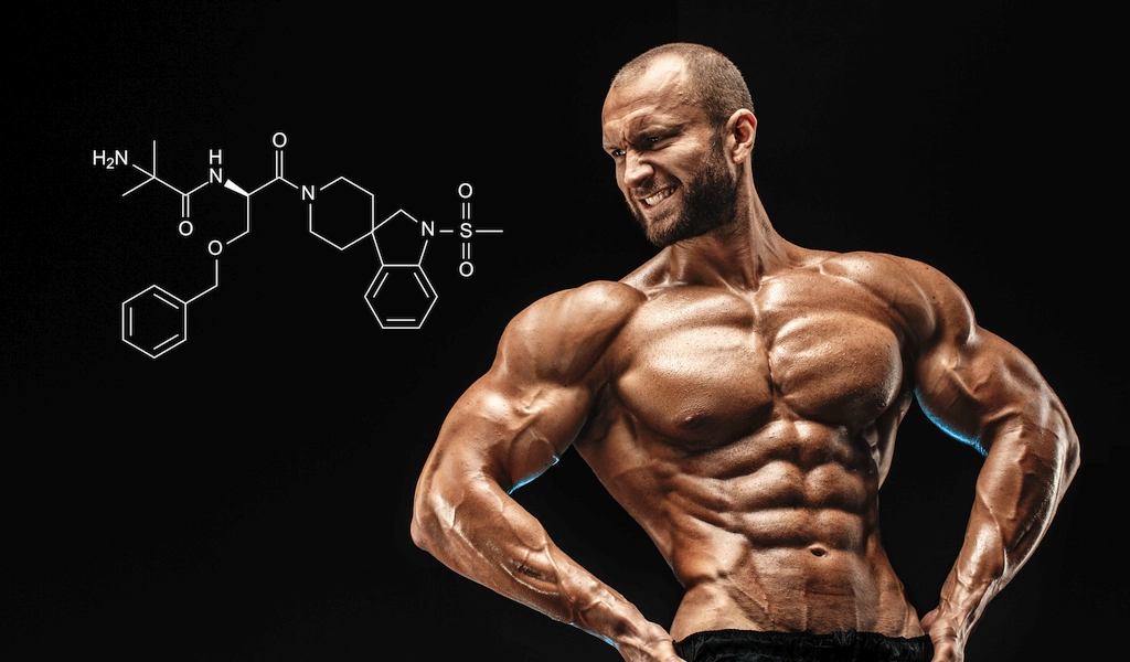 Bodybuilder posing next to MK-677 Ibutamoren chemical structure