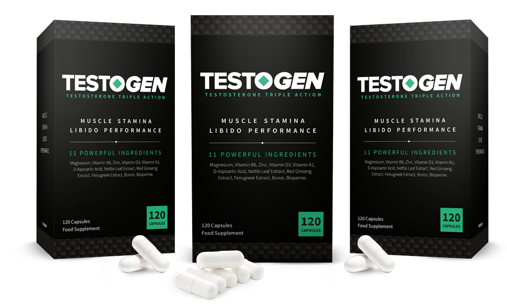 Testogen boxes and capsules on white background.