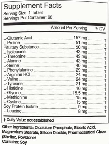 Label showing PGH-1000 ingredients and supplement facts