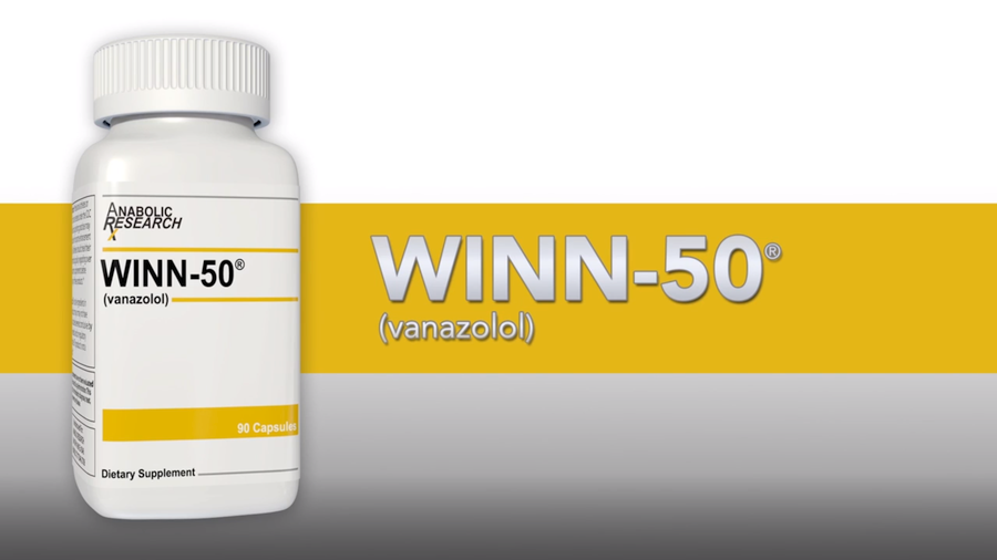 Bottle of WINN-50 legal steroid supplement against yellow and white background graphic