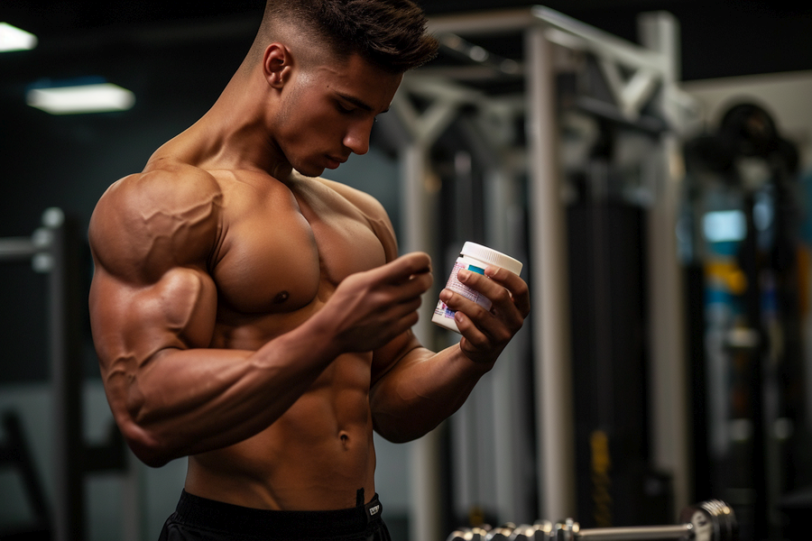 Shirtless male bodybuilder looking at a Clenbuterol alternative supplement bottle