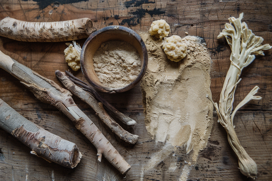 Roots and powder from Tongkat Ali and Fadogia Agrestis plants