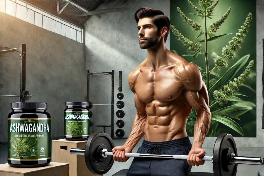 Muscular athlete lifting weights in a gym with a calm and focused expression, surrounded by subtle greenery representing the natural origins of Ashwagandha