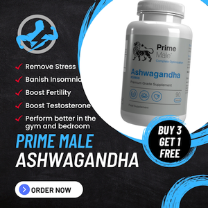 Image of Prime Male ashwagandha supplement with list of benefits