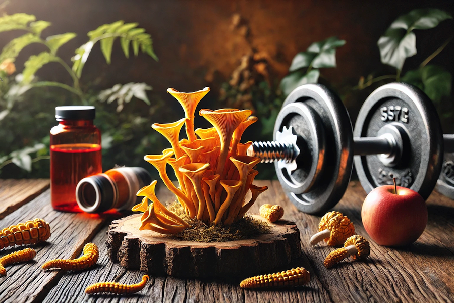 Cordyceps mushrooms in a natural setting, displayed on a rustic wooden surface with soft, natural lighting. In the background, blurred fitness equipment such as dumbbells and a water bottle