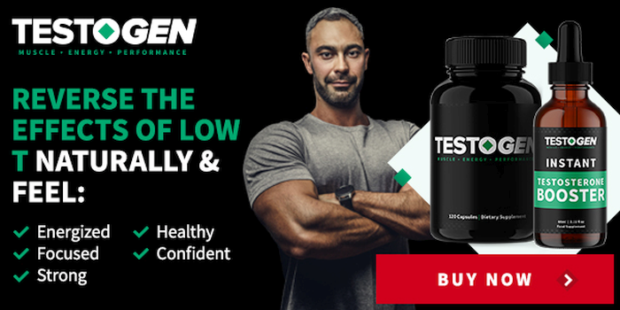 Bottle of Testogen testosterone supplement with list of benefits.