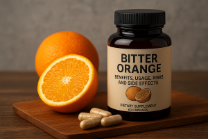 A bottle of bitter orange dietary supplement with capsules beside it, placed next to a whole and a sliced orange on a wooden surface against a gray background.