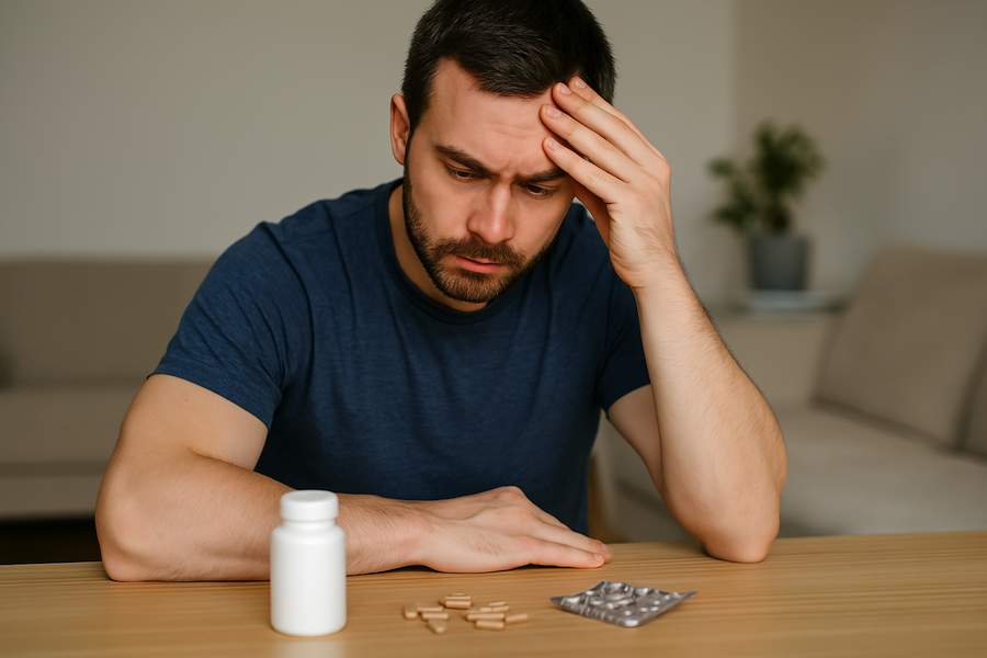 A concerned young man in a navy blue t-shirt sits at a wooden table, resting his forehead on one hand while looking at a bottle of pills and scattered capsules in front of him, with a blurred living room in the background.