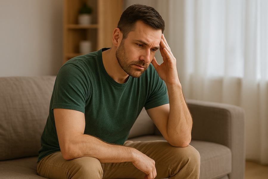 Estrogen in Men: Symptoms, Causes & How to Balance Naturally A middle-aged man in a green shirt sits on a couch with a thoughtful, worried expression, symbolizing hormone imbalance or high estrogen levels in men.