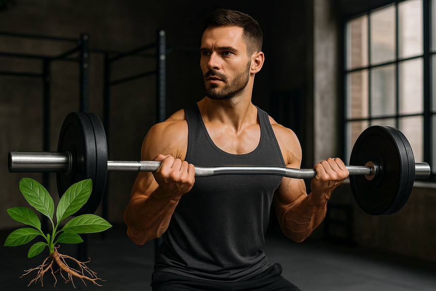 A muscular man wearing a dark tank top lifts a barbell in a sunlit gym, with a small Muira Puama plant illustration symbolizing natural strength and energy.