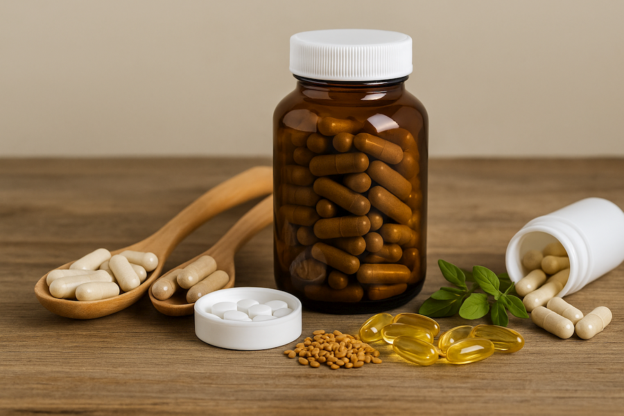 Best Natural PCT Supplements After a Cycle An arrangement of natural PCT supplements displayed on a wooden surface, including an amber bottle filled with herbal capsules, softgel omega capsules, loose fenugreek seeds, white tablets, and additional capsules in wooden spoons, representing natural post-cycle therapy options.