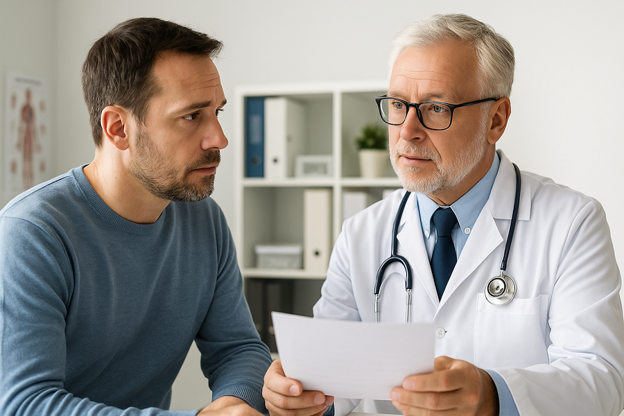 A middle-aged man in a blue shirt sits with a serious expression while talking to an older male doctor wearing a white coat and stethoscope in a medical office.
