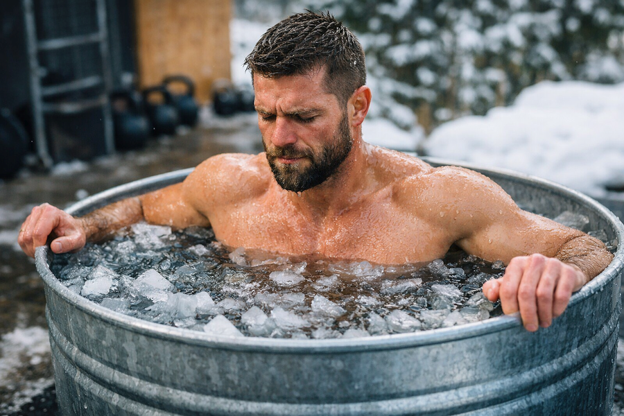 A fit adult man sitting in an outdoor ice bath, gripping the tub’s edge while practicing cold exposure for recovery and hormonal health.