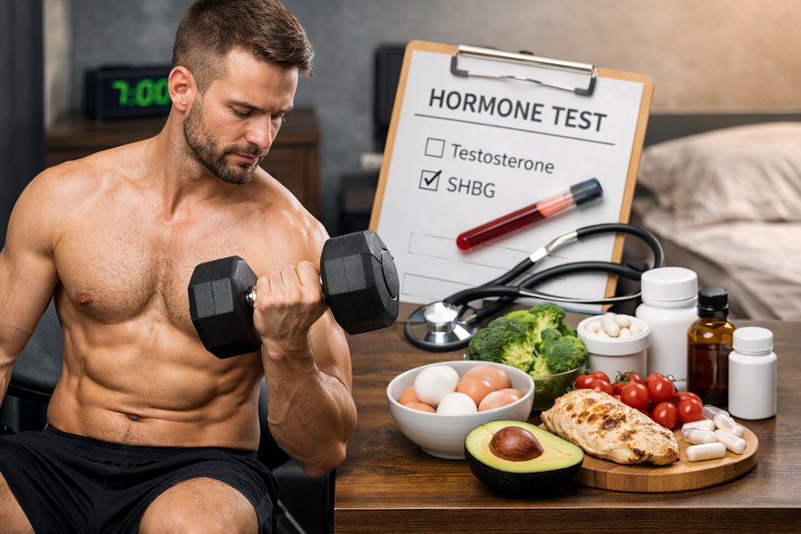 A fit adult man lifting a dumbbell in a home gym beside a table with healthy foods and supplements, with a hormone test clipboard showing SHBG in the background, representing natural hormone balance.
