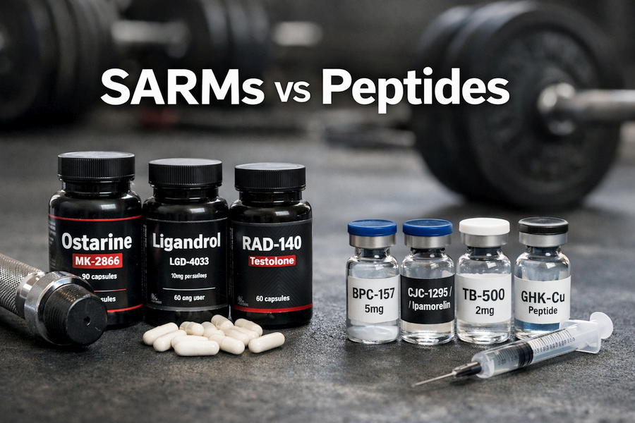SARMs vs Peptides: What’s the Real Difference? Side-by-side comparison of SARMs supplement bottles and peptide vials on a gym floor, with dumbbells blurred in the background, illustrating the contrast between SARMs and peptides for muscle growth and recovery.