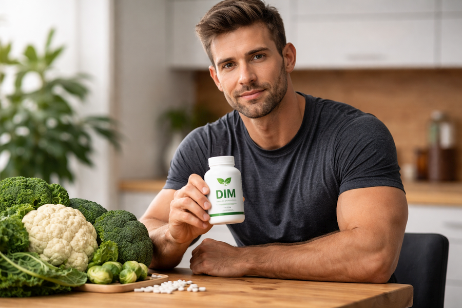 Fit man in his 30s holding a DIM supplement bottle at a wooden table with fresh broccoli, cauliflower, kale, and Brussels sprouts in a bright kitchen setting.
