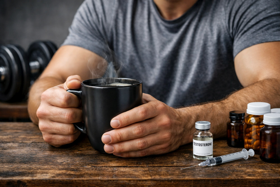 Athletic man in his 30s holding a cup of black coffee in a modern kitchen with morning sunlight, looking thoughtful and energetic, representing the connection between coffee, hormones, and men’s health.