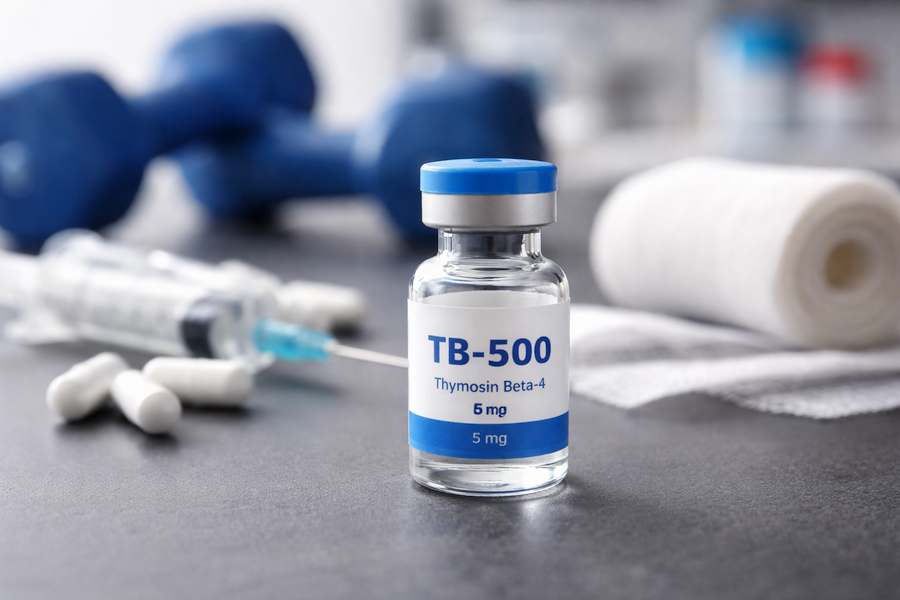 TB-500 (Thymosin Beta-4) peptide vial labeled 5 mg on a medical table with a syringe, capsules, and gym dumbbells blurred in the background, representing recovery and performance peptides.