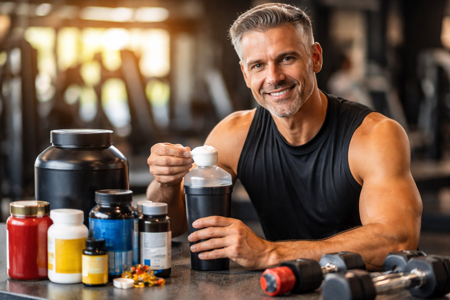 Fit man in his 40s lifting dumbbells in a modern gym, with workout supplements like protein powder and creatine visible on a bench, natural lighting, realistic professional fitness scene.