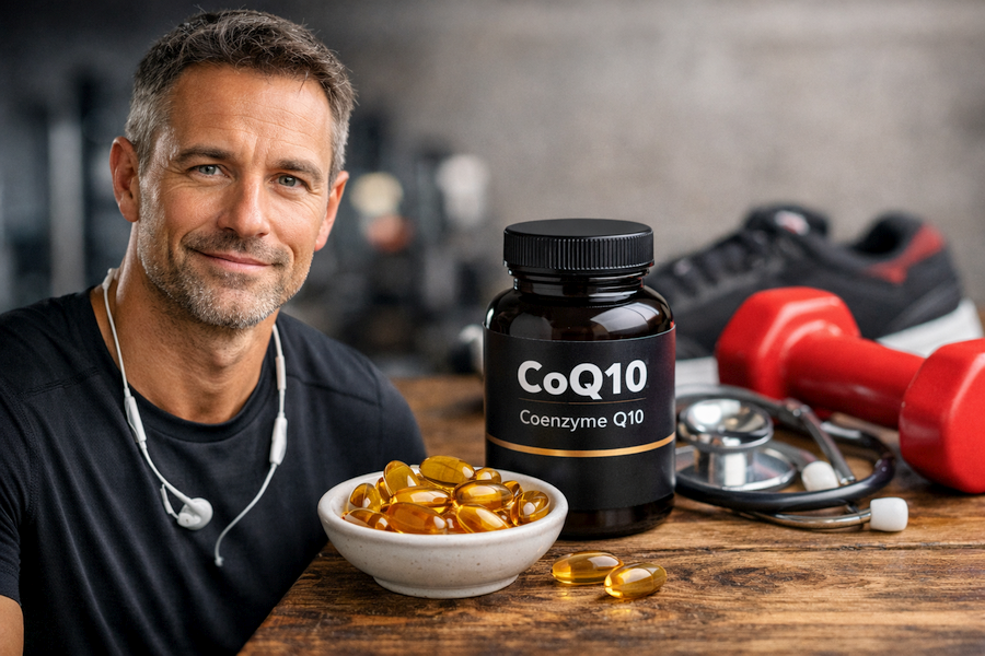 Fit middle-aged man in athletic wear sitting at a table with a bottle of CoQ10 (Coenzyme Q10) supplements and golden softgel capsules, with dumbbells and a stethoscope in the background, representing men’s heart health, energy, and fitness support.