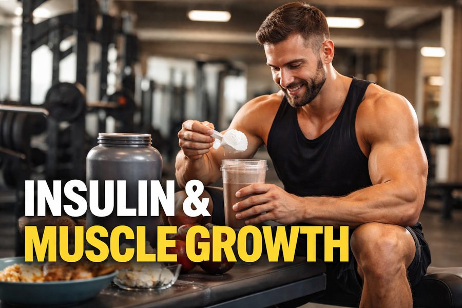 **Alt text:** Muscular man sitting on a gym bench mixing a protein shake, with healthy foods like rice, chicken, and fruit nearby, representing insulin’s role in muscle growth and nutrition.