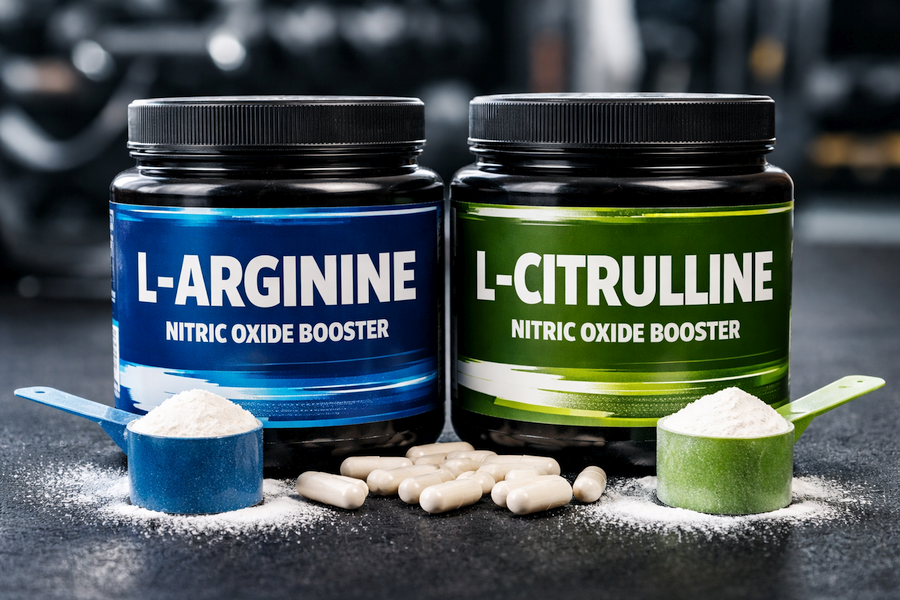 **Alt text:** Two supplement containers labeled L-Arginine and L-Citrulline on a gym surface, with powder scoops and capsules, illustrating a nitric oxide supplement comparison.