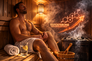 Muscular adult man sitting on a wooden bench inside a warm, softly lit sauna, with steam rising from hot stones and a window showing a sunset view outside.
