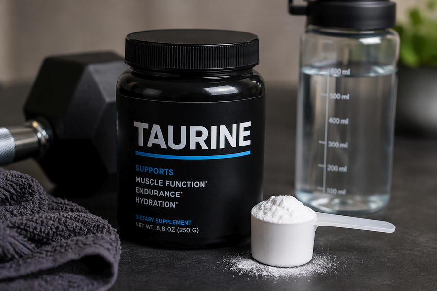 Close-up of a taurine supplement container on a gym surface with a scoop of powder, water bottle, and dumbbell in the background, representing fitness and performance support.