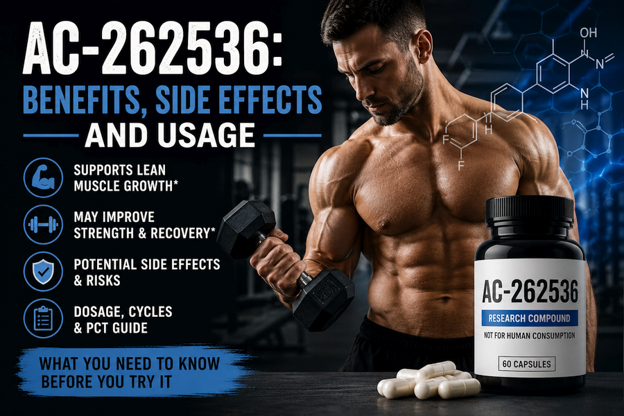 Muscular man lifting a dumbbell in a gym beside a supplement bottle labeled AC-262536, with graphics highlighting benefits, side effects, dosage, and usage information for the experimental SARM.