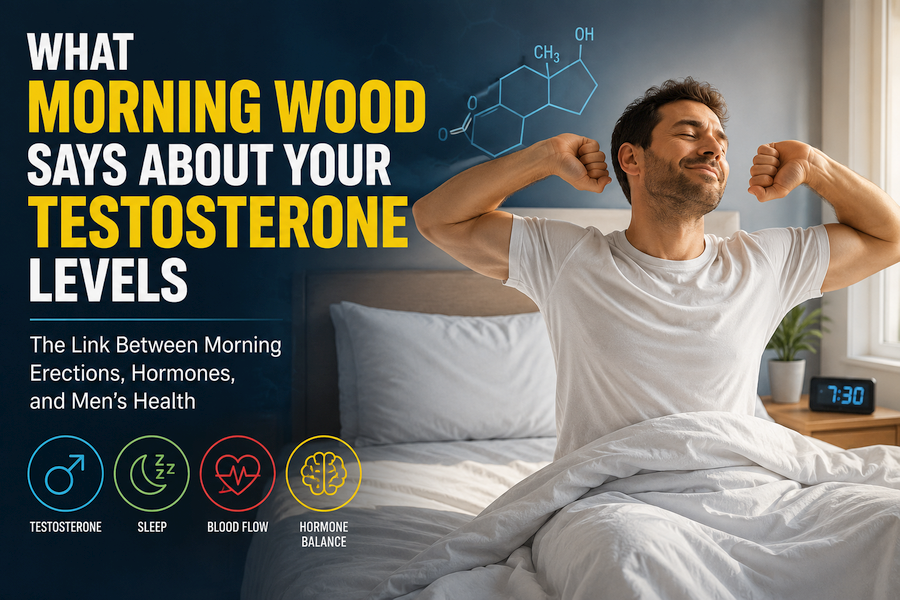 A man stretching in bed during the early morning beside bold text about morning wood and testosterone levels, with health-themed graphics representing sleep, hormones, and blood flow.