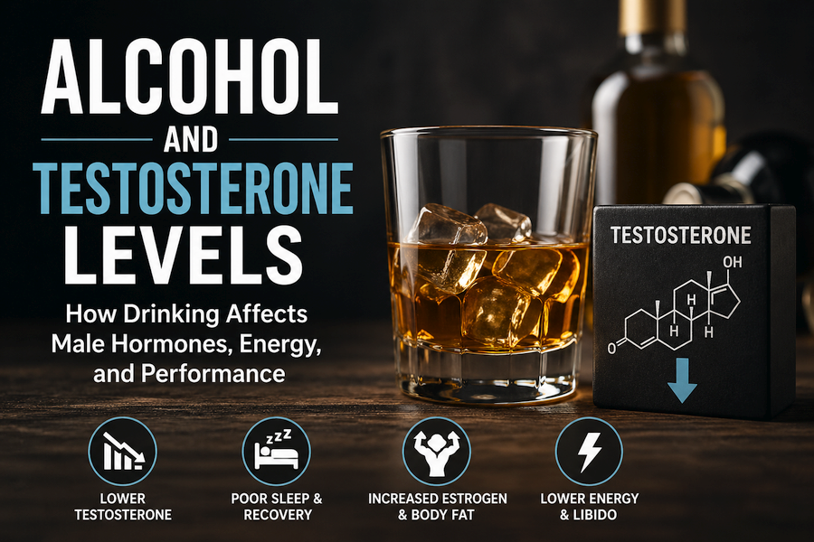 Whiskey glass with ice beside a testosterone chemical diagram, illustrating how alcohol may lower testosterone, reduce energy, and impact male health and performance.