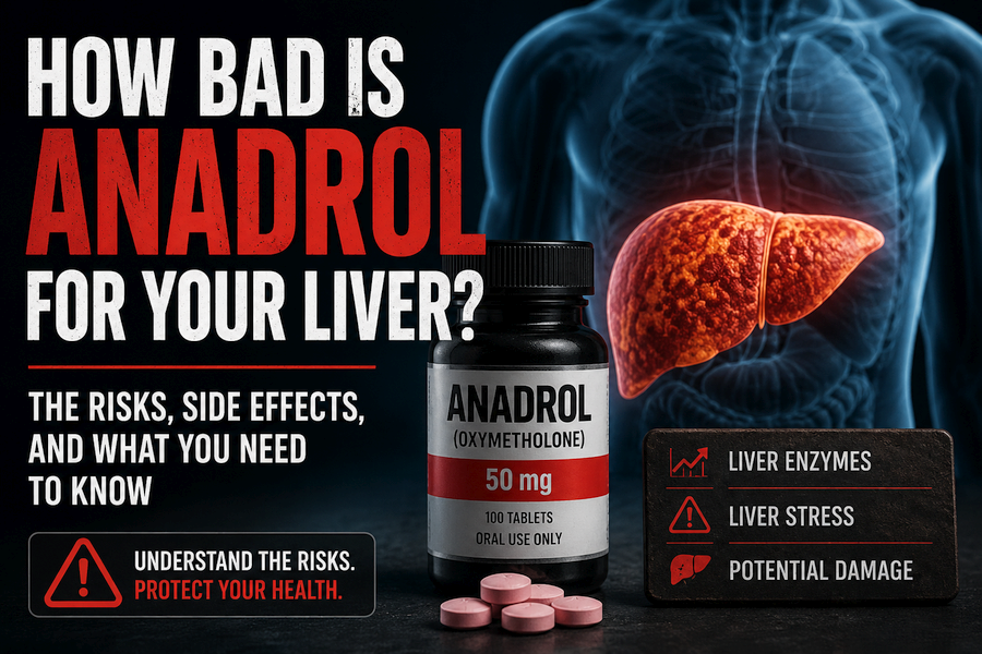An Anadrol (oxymetholone) bottle and tablets beside a glowing human liver illustration, highlighting the potential liver risks and side effects of oral anabolic steroid use.