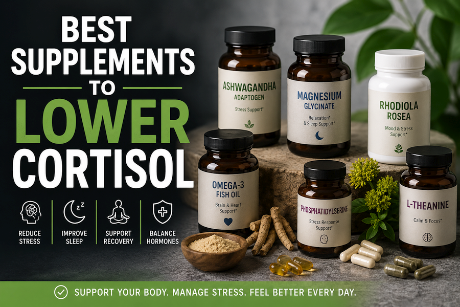 Professional featured image showing several popular stress-support supplements, including ashwagandha, magnesium glycinate, rhodiola rosea, omega-3 fish oil, phosphatidylserine, and L-theanine, arranged on a modern countertop beside natural herbs and capsules, with large text reading “Best Supplements To Lower Cortisol.”