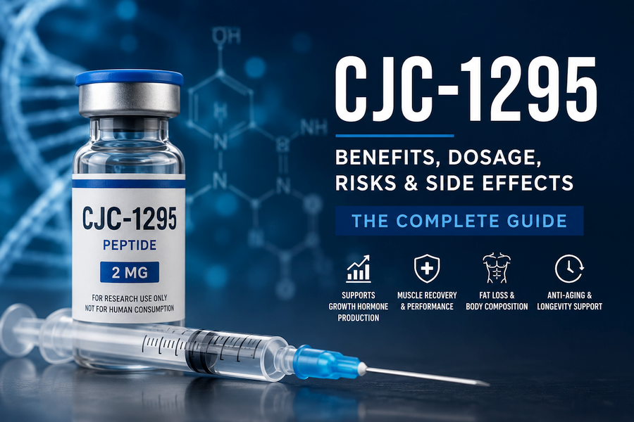 Illustration of a CJC-1295 peptide vial and syringe against a blue scientific background featuring DNA and molecular graphics, representing the potential benefits, dosage, risks, and side effects of CJC-1295 growth hormone peptide therapy.
