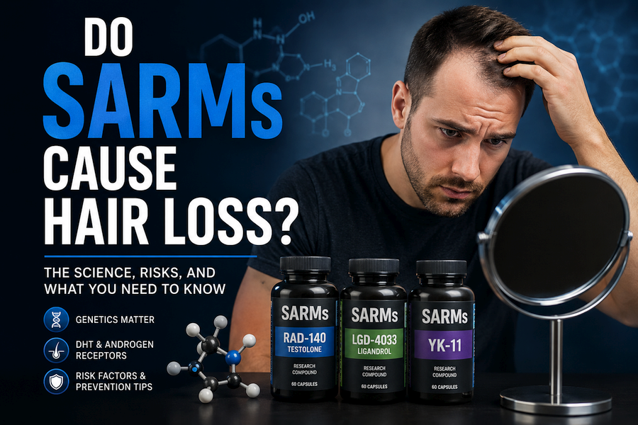 Man examining thinning hair in a mirror while holding his scalp, with SARMs supplement bottles displayed in the foreground and a scientific molecular background. The image illustrates the potential connection between SARMs use and hair loss in men.