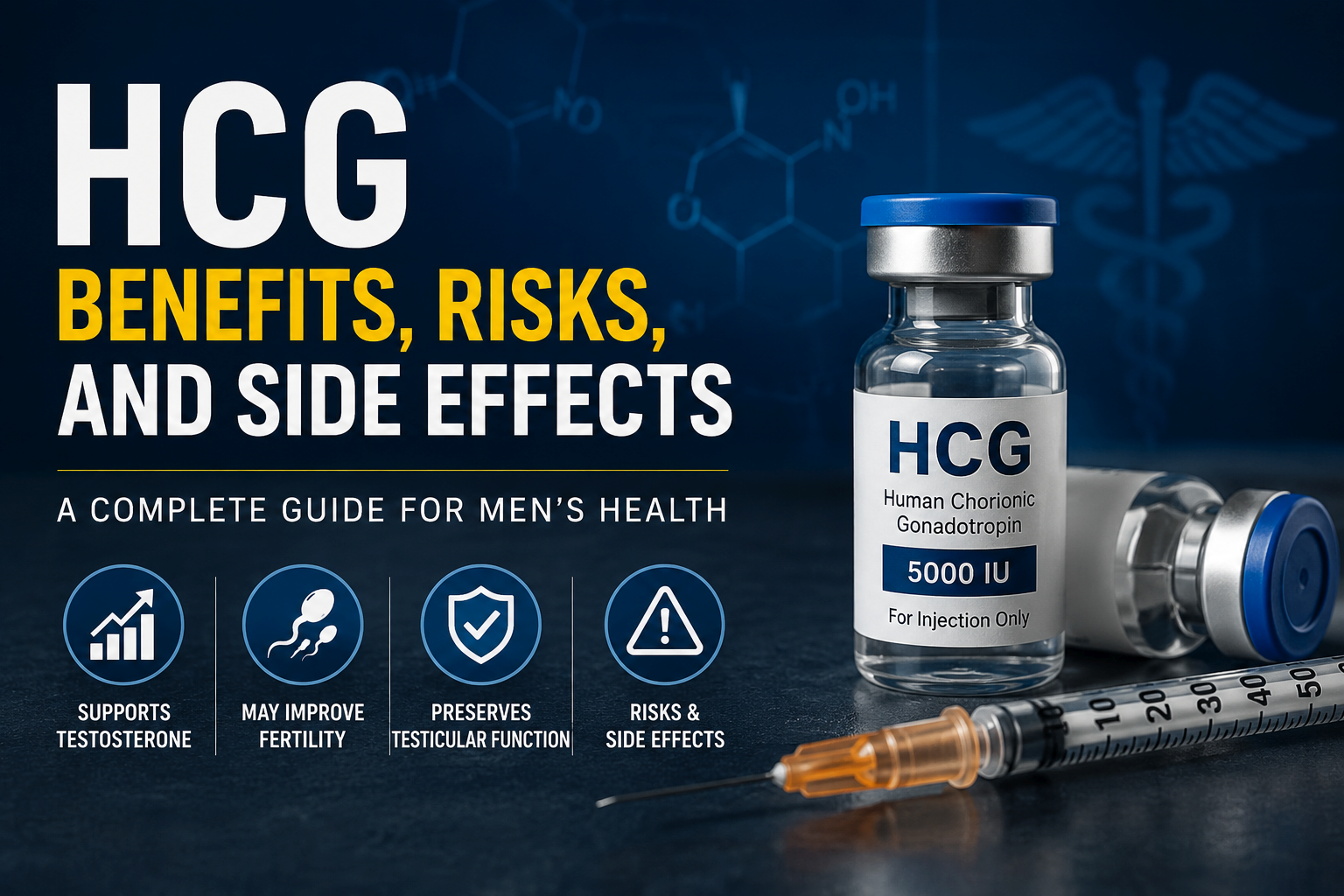 Featured image for an article about HCG benefits, risks, and side effects showing HCG medication vials and a syringe beside the title 'HCG Benefits, Risks, and Side Effects.' Medical icons highlight testosterone support, fertility, preservation of testicular function, and potential side effects against a blue clinical background.
