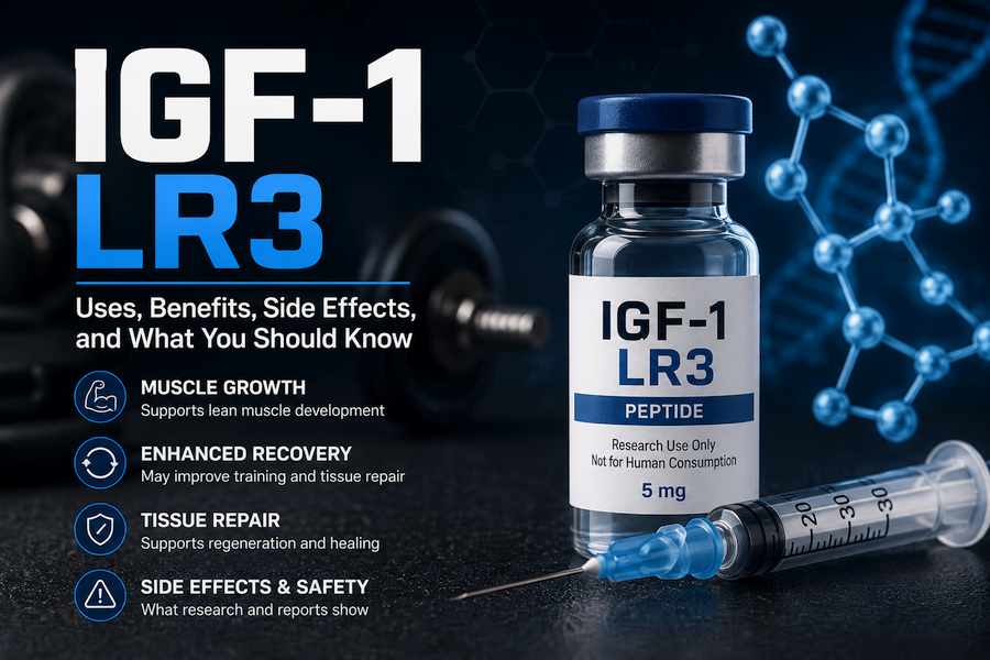 Illustration of an IGF-1 LR3 peptide vial and syringe with a DNA strand and molecular structure in the background, symbolizing muscle growth, recovery, tissue repair, and peptide research. The image accompanies an article explaining the uses, benefits, side effects, and safety of IGF-1 LR3.
