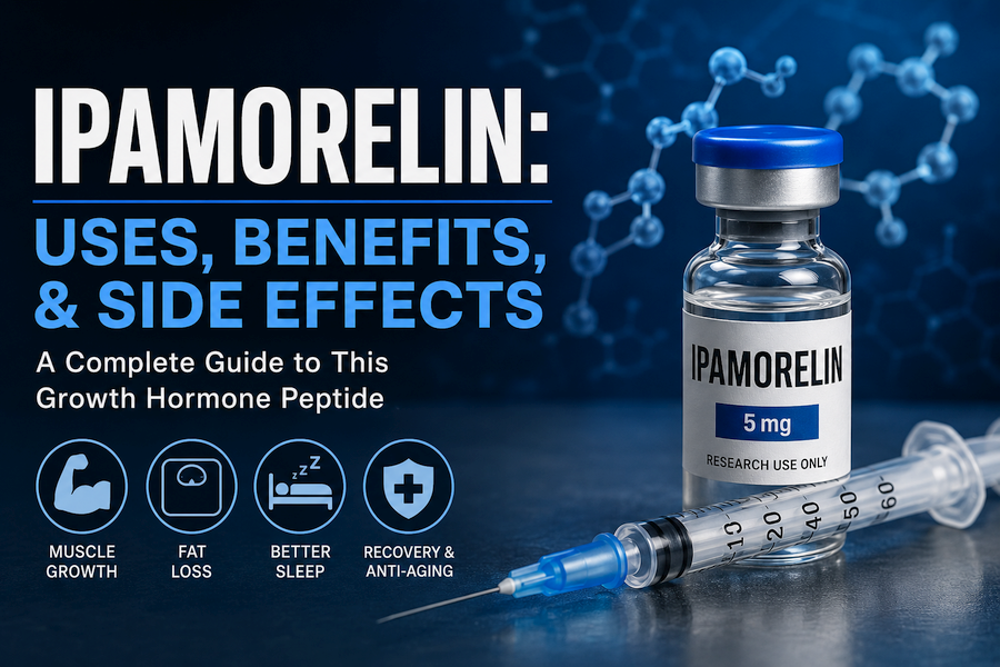 Illustration of an Ipamorelin peptide vial and syringe against a blue scientific background with molecular structures, representing growth hormone therapy, muscle recovery, fat loss, and performance enhancement.