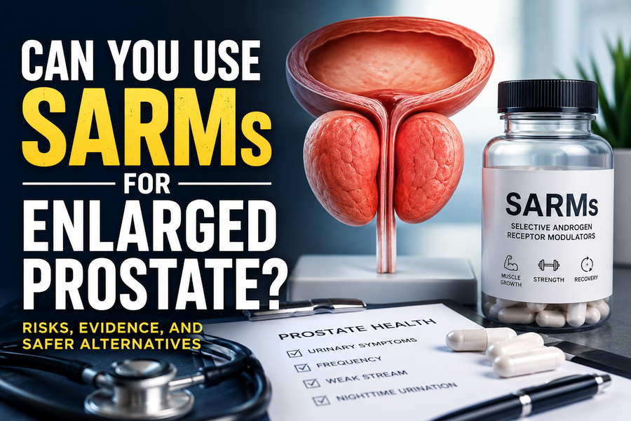 **Alt text:** Medical illustration showing an enlarged prostate beside a bottle labeled "SARMs," with a prostate health checklist and stethoscope. The image highlights the question of whether selective androgen receptor modulators (SARMs) are safe for men with benign prostatic hyperplasia (BPH) or enlarged prostate.