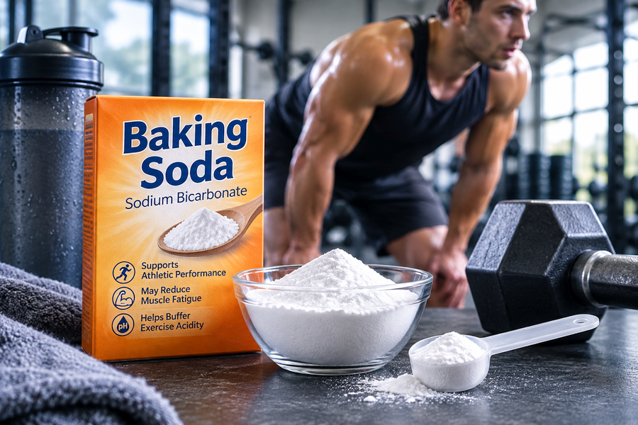 Baking soda and sodium bicarbonate powder beside a dumbbell and shaker bottle in a gym, with an athlete resting after an intense workout.