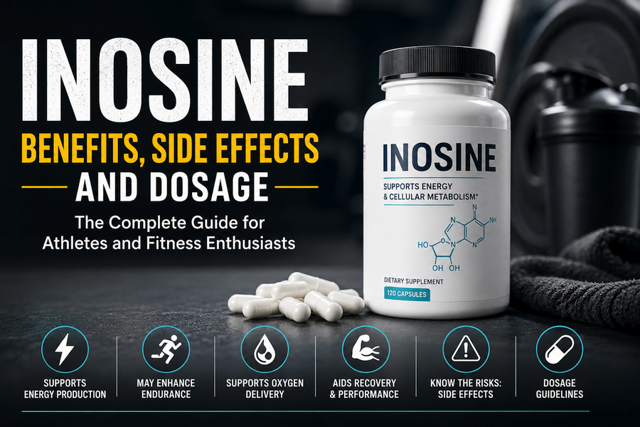 Inosine supplement capsules and bottle in a gym setting with text highlighting potential benefits, side effects, dosage, energy, endurance, and recovery.