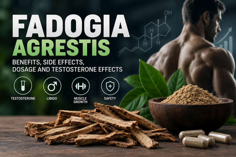 Fadogia agrestis supplement with plant extract, capsules, and a muscular man, highlighting potential effects on testosterone, libido, muscle growth, and safety.
