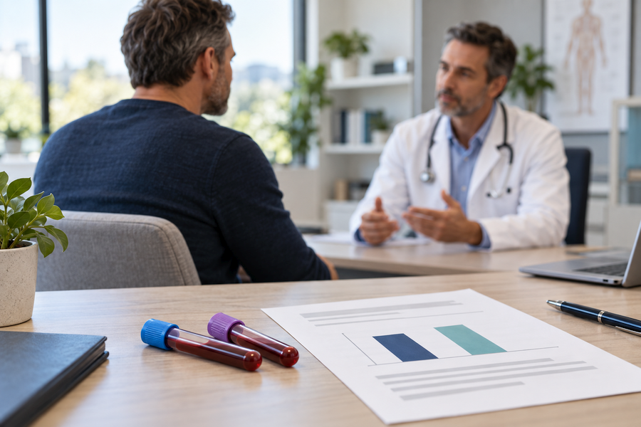 Man discusses testosterone blood test results with a doctor, with sample tubes and a lab report in the foreground.
