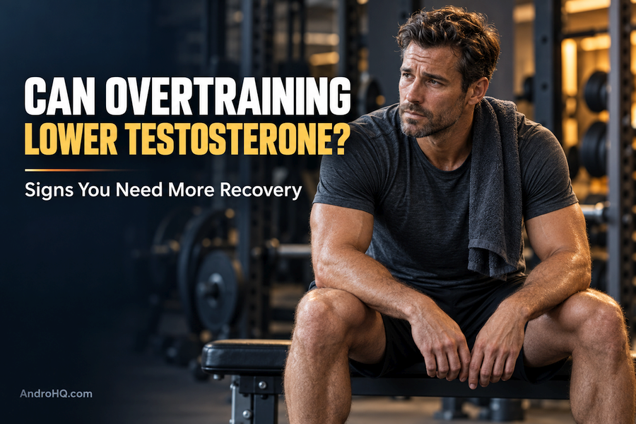 Tired man resting on a gym bench beside the headline “Can Overtraining Lower Testosterone? Signs You Need More Recovery.”