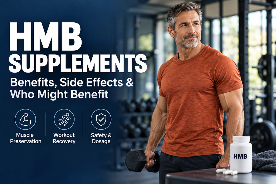 Man in an orange shirt holding a dumbbell beside HMB capsules, with text highlighting supplement benefits, side effects, muscle preservation, and recovery.