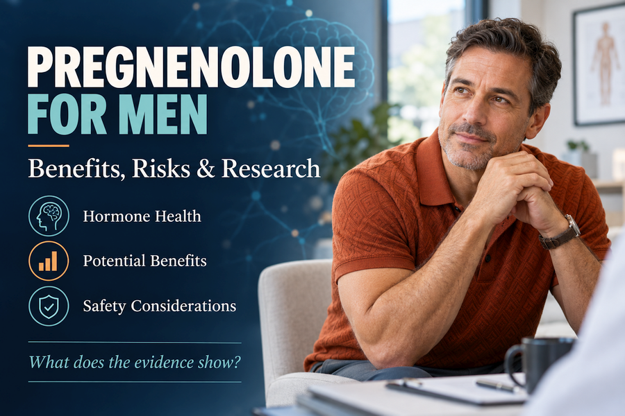 Man in a patterned orange polo during a health consultation beside text reading “Pregnenolone for Men: Benefits, Risks & Research.